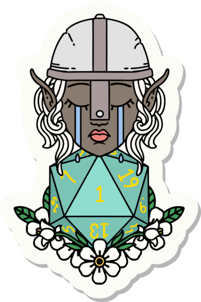 Hüzünlü bir elf savaşçı karakterinin çıkartması. Bir insan tarafından çizilmiş doğal bir d20 rulo.