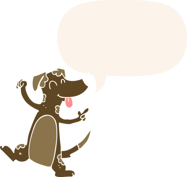 Bir insan tarafından çizilmiş, konuşma baloncuklu çizgi film köpeği.