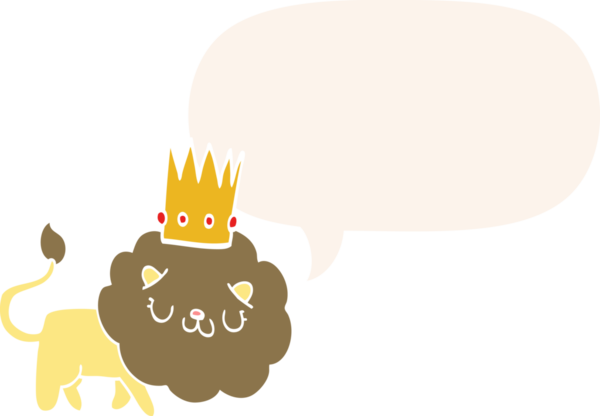 Bir insan tarafından çizilmiş, konuşma baloncuğu olan, taç takan çizgi film aslanı.