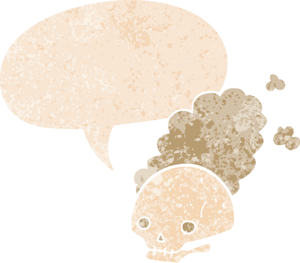 grunge 'da konuşma baloncuğu olan tozlu, eski bir kafatası, bir insan tarafından çizilmiş desenli.