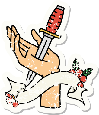 Bir insan tarafından çizilmiş bir hançerin bayrağını taşıyan eski bir etiket.