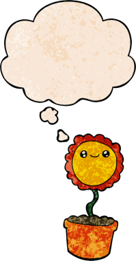 Bir insan tarafından çizilmiş grunge desenli düşünce baloncuğu olan karikatür çiçeği