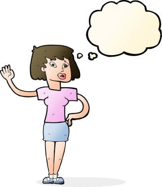 Bir insan tarafından çizilmiş düşünce baloncuğuyla el sallayan çizgi film kadını.