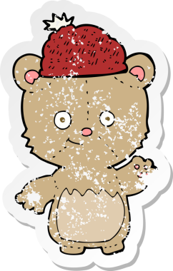 Bir insan tarafından çizilmiş şapkalı çizgi film ayısının gerilimli çıkartması.