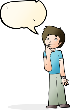 Bir insan tarafından çizilmiş bir konuşma balonuyla merak eden çizgi film çocuğu.