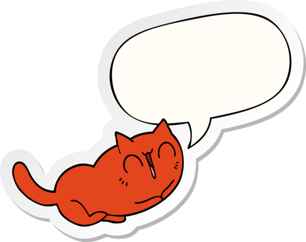 Bir insan tarafından çizilmiş baloncuk çıkartmalı mutlu çizgi film kedisi.