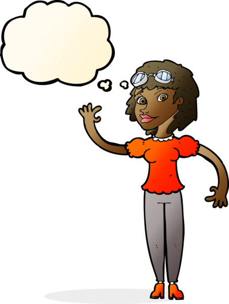 Bir insan tarafından çizilmiş düşünce baloncuğuyla el sallayan çizgi film pilotu kadın.