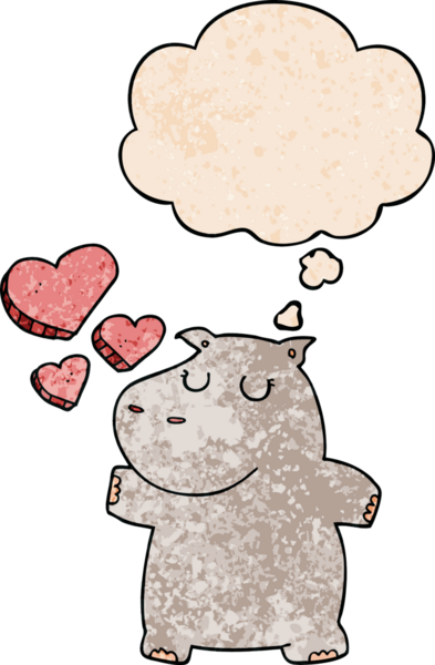 çizgi film hipopotamları, bir insan tarafından çizilmiş grunge dokusunda düşünce baloncuğuna aşık.