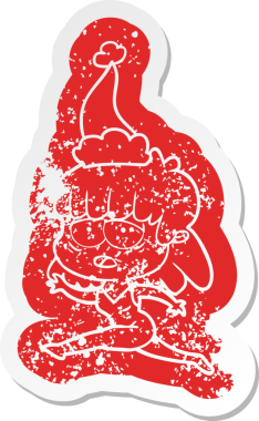 Bir insan tarafından çizilmiş Noel Baba şapkası giyen yorgun bir kadının garip bir karikatürü.