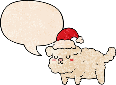 Bir insan tarafından çizilmiş geçmişe dönük konuşma baloncuğu olan şirin bir Noel köpeği.