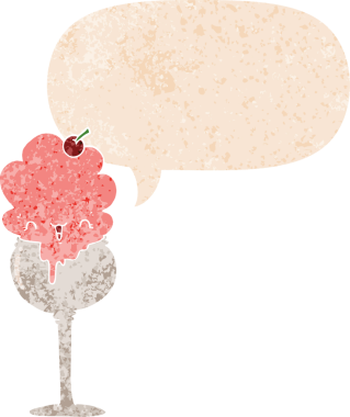 Tatlı karikatür dondurma çölü grunge 'de konuşma baloncuğu sıkıntılı retro desenli bir insan tarafından çizilmiş