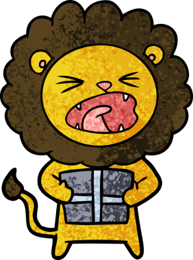 Bir insan tarafından çizilmiş noel hediyeli çizgi film aslanı.