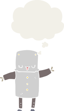 Düşünce baloncuğu olan karikatür robotu insan tarafından çizilmiş.