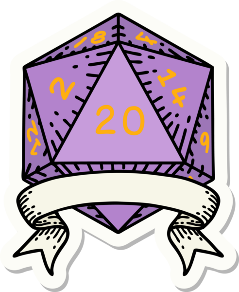 Bir insan tarafından çizilmiş 20 kritik vuruşluk D20 zar etiketi.