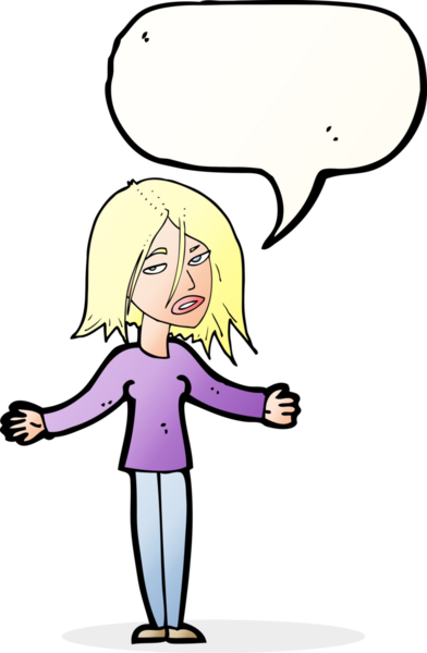 Bir insan tarafından çizilmiş konuşma baloncuğuyla omuz silken çizgi film kadını.