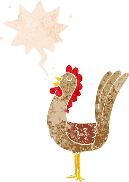 grunge içinde konuşma baloncuğu olan çizgi film horozu bir insan tarafından çizilmiş dertli retro dokuma tarzı