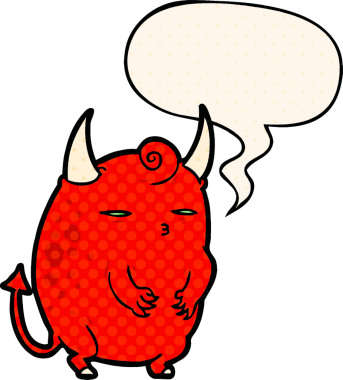 Çizgi roman tarzında konuşan küçük, şişman cadılar bayramı şeytanı bir insan tarafından çizilmiş.