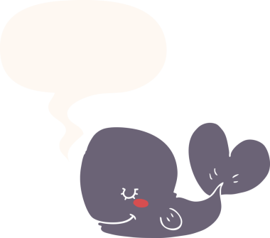 Konuşma baloncuğu olan çizgi film balinası insan tarafından çizilmiş.