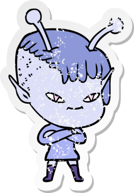 Bir insan tarafından çizilmiş sevimli uzaylı bir kızın sıkıntılı çıkartması.