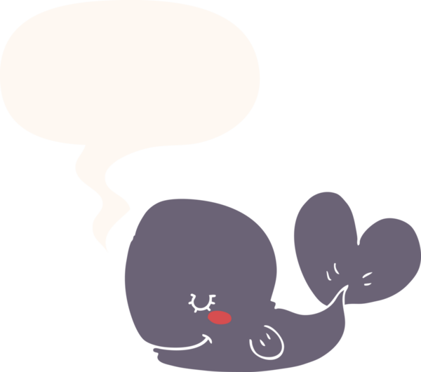 Konuşma baloncuğu olan çizgi film balinası insan tarafından çizilmiş.