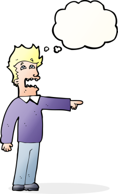 Bir insan tarafından çizilen düşünce baloncuğuyla suçlanan çizgi film adamı.