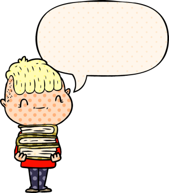 Bir insan tarafından çizilmiş çizgi roman tarzında konuşma balonu olan çizgi roman dostu çocuk.