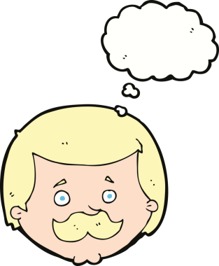 Bir insan tarafından çizilmiş düşünce baloncuklu bıyıklı çizgi film adamı.