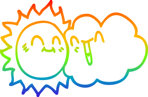 Gökkuşağı gradyan çizgi çizimi mutlu güneş ışığı ve bir insan tarafından çizilmiş bulut