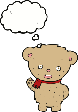 Bir insan tarafından çizilmiş düşünce baloncuğuyla sallanan oyuncak ayı.