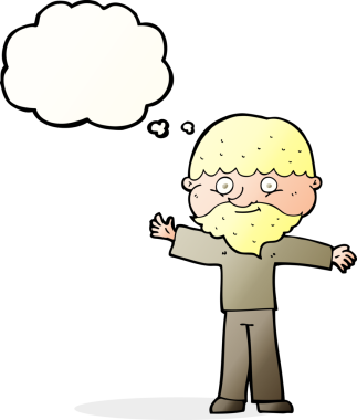 Bir insan tarafından çizilmiş düşünce balonlu sakallı mutlu adam çizgi filmi.