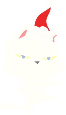 sert el çizimi düz renk çizimi Noel Baba şapkası takan bir kedinin bir insan tarafından çizilmiş