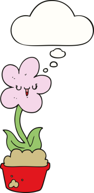 Bir insan tarafından çizilmiş düşünce baloncuğu olan sevimli bir karikatür çiçeği.