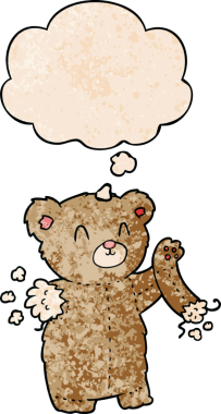 Yırtık kollu çizgi film ayıcığı. İnsan tarafından çizilmiş grunge desenli düşünce baloncuğu.