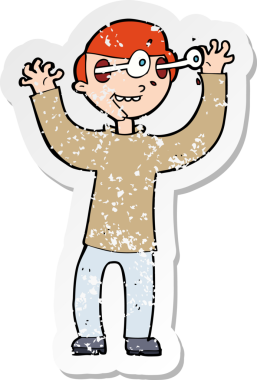 Bir insan tarafından çizilmiş gözleri kafasından fırlayan bir karikatürcünün gerilmiş retro yapıştırması.