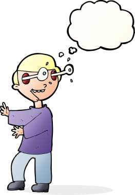 Bir insan tarafından çizilmiş düşünce baloncuğuyla gözleri fırlayan çizgi film çocuğu.