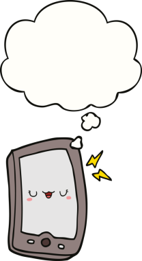 Bir insan tarafından çizilmiş düşünce baloncuklu şirin bir cep telefonu.