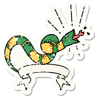 Bir insan tarafından çizilmiş eski bir dövme stili tıslayan yılan etiketi.