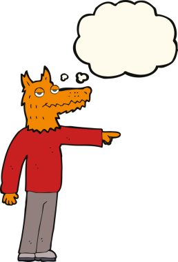 Bir insan tarafından çizilmiş düşünce balonuyla işaret eden tilki adam.