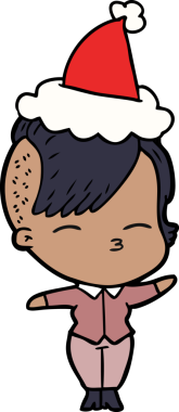 Bir insan tarafından çizilmiş Noel Baba şapkası giyen şaşı bir kızın el çizimi.