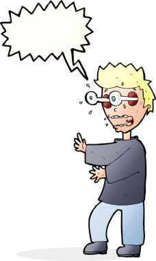 Bir insan tarafından çizilmiş konuşma balonu olan korkmuş çocuk çizgi filmi.