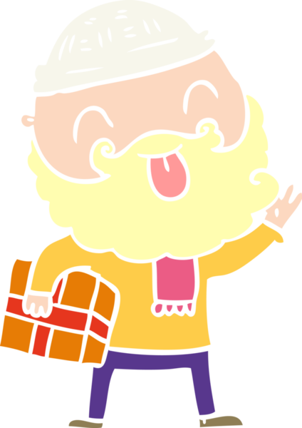 Sakallı bir adam bir insan tarafından çizilmiş Noel hediyesini taşıyor.