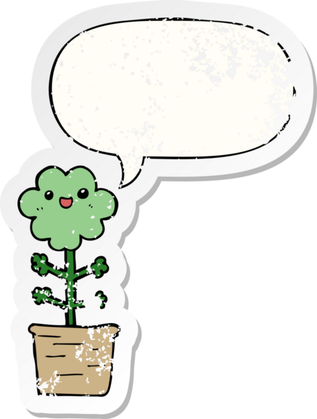 Konuşma baloncuğu olan karikatür çiçeği bir insan tarafından çizilmiş sıkıntılı eski bir çıkartma