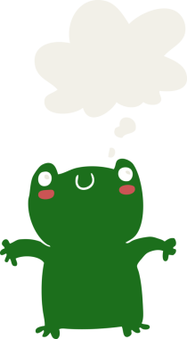 Düşünce baloncuğu olan bir kurbağa insan tarafından çizilmiş.