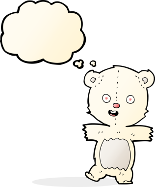 Bir insan tarafından çizilmiş düşünce baloncuklu şirin kutup ayısı yavrusu.