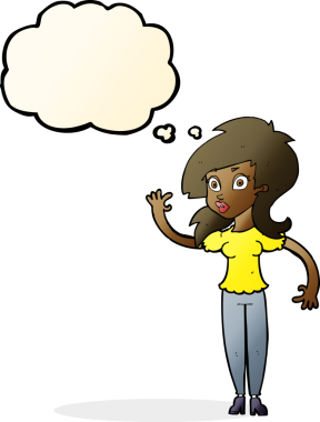 Bir insan tarafından çizilmiş düşünce baloncuğuyla el sallayan güzel bir kadın.