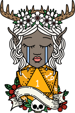 Retro Dövme Tarzı Ağlayan Elf Druid karakteri yüzü Bir insan tarafından çizilmiş doğal bir D20 zar