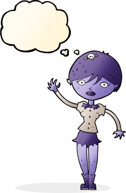 Bir insan tarafından çizilmiş düşünce balonuyla el sallayan vampir kız.