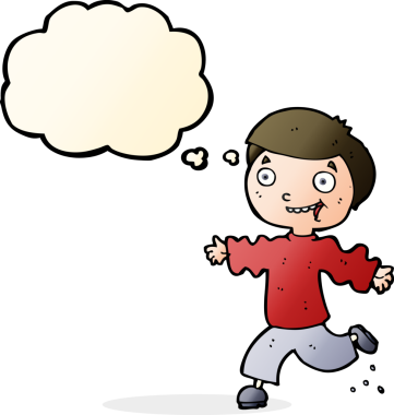 Bir insan tarafından çizilmiş düşünce baloncuğu olan heyecanlı çocuk.