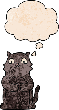 Bir insan tarafından çizilmiş grunge desenli düşünce baloncuklu çizgi film kedisi.