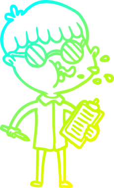 Bir insan tarafından çizilmiş, gözlüklü, gözlüklü çizgi film karakteri çizimi.